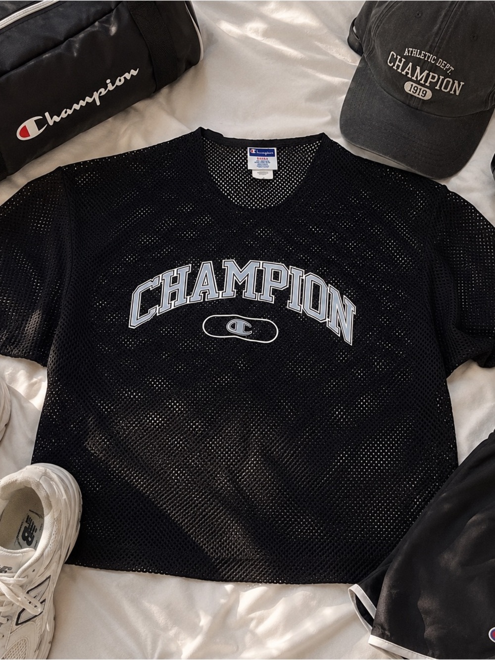 Champion Black Mesh Crop Top with White Logo